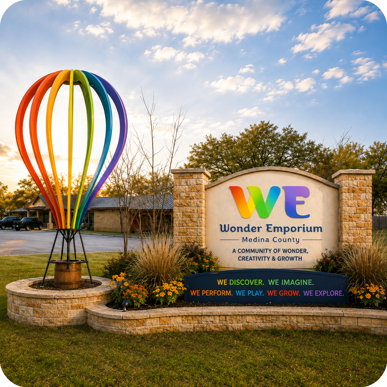 Wonder Emporium entrance sign with rainbow parachute canopy mark and hot air balloon sculpture