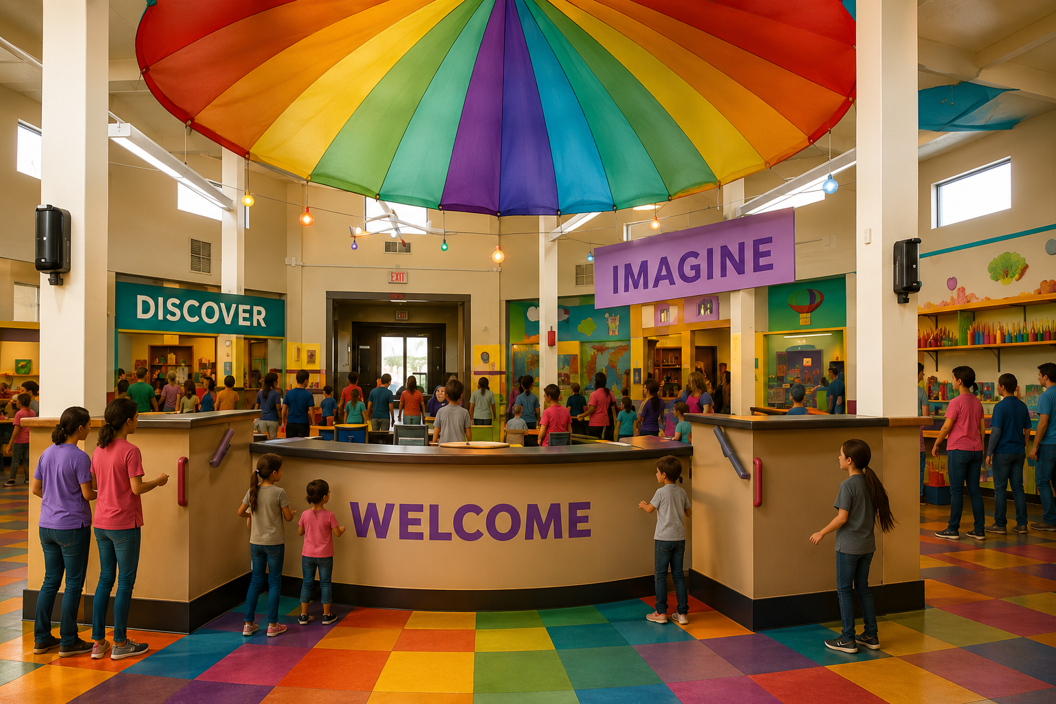 The same lobby transformed into the Wonder Emporium welcome center with a rainbow canopy