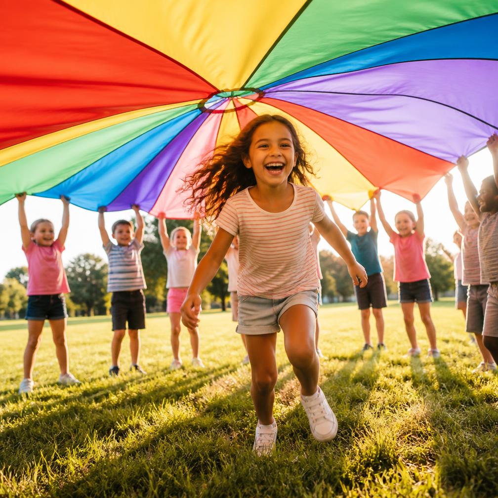 Children playing under a rainbow parachute